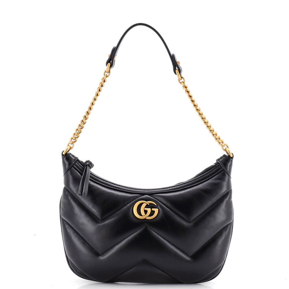 Gucci Small GG Marmont Half Moon Chain Shoulder Bag Matelasse Patent